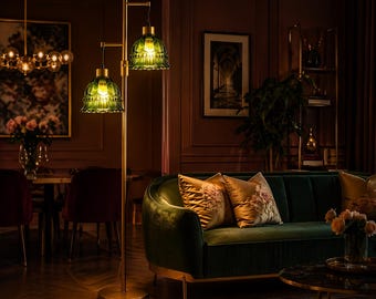 Dimmable Mid Century Modern 2 Globe Standing Floor Lamp with Customizable Green & Amber Flower Glass Shades,