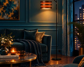 May include: A tall floor lamp with a thin black metal stand and a cylindrical shade composed of three stacked dark wood rings that emit a warm, glowing light, illuminating the surrounding space with a soft, amber-toned radiance.