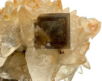 Phantom Cubic Fluorite with Calcite Crystal Cluster, Pakistan Mineral Specimen