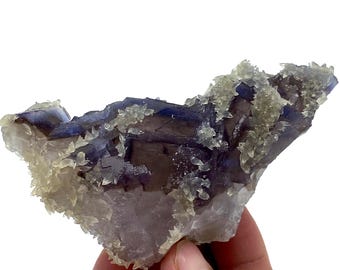 Blue Phantom Fluorite with Calcite Crystal Cluster, Pakistan Mineral Specimen