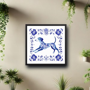 Blue Blooms & Zooms Italian Greyhound Delft-Inspired Art Print – Blue and White Floral Framed Poster, Elegant Whippet Decor, Iggy Lover Gift