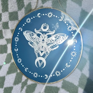 Celestial Death Moth Mirror – Gothic Moon Wall Decor, Witchy Insect Art, Round Hanging Mirror in Gold or Black Frame