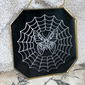 Haunted Flight • Etched Butterfly Skull Mirror • Tattooed Gothic Wall Decor • Small Gold Mirror with Hanging Chain