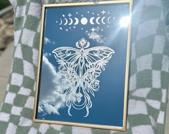 Celestial Moth Mirror – Etched Gold Frame, Moon Phase Decor, Gothic Wall Art