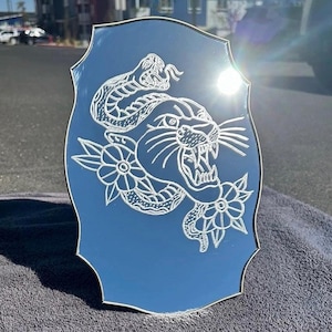 Panther & Snake Etched Mirror | Traditional Tattoo Design | Gothic Flash Art Decor | Vintage Shield Mirror | Alternative Gift