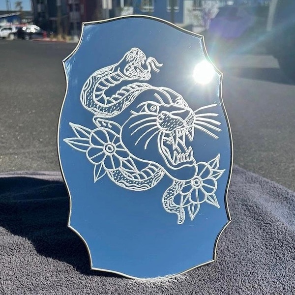 Panther & Snake Etched Mirror | Traditional Tattoo Design | Gothic Flash Art Decor | Vintage Shield Mirror | Alternative Gift