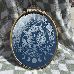 The Lovers – Hand Etched Skeleton Mirror | Tattooed Gothic Romance Wall Art