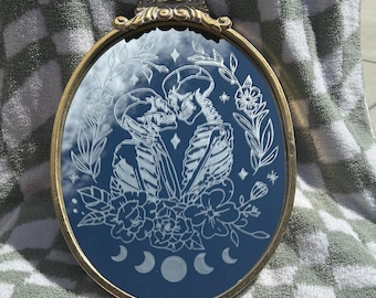 The Lovers – Hand Etched Skeleton Mirror | Tattooed Gothic Romance Wall Art
