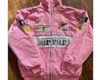 Vintage Y2K Pink Racing Jacket, Scuderia Motorsport Zip Up Bomber, Unisex Streetwear