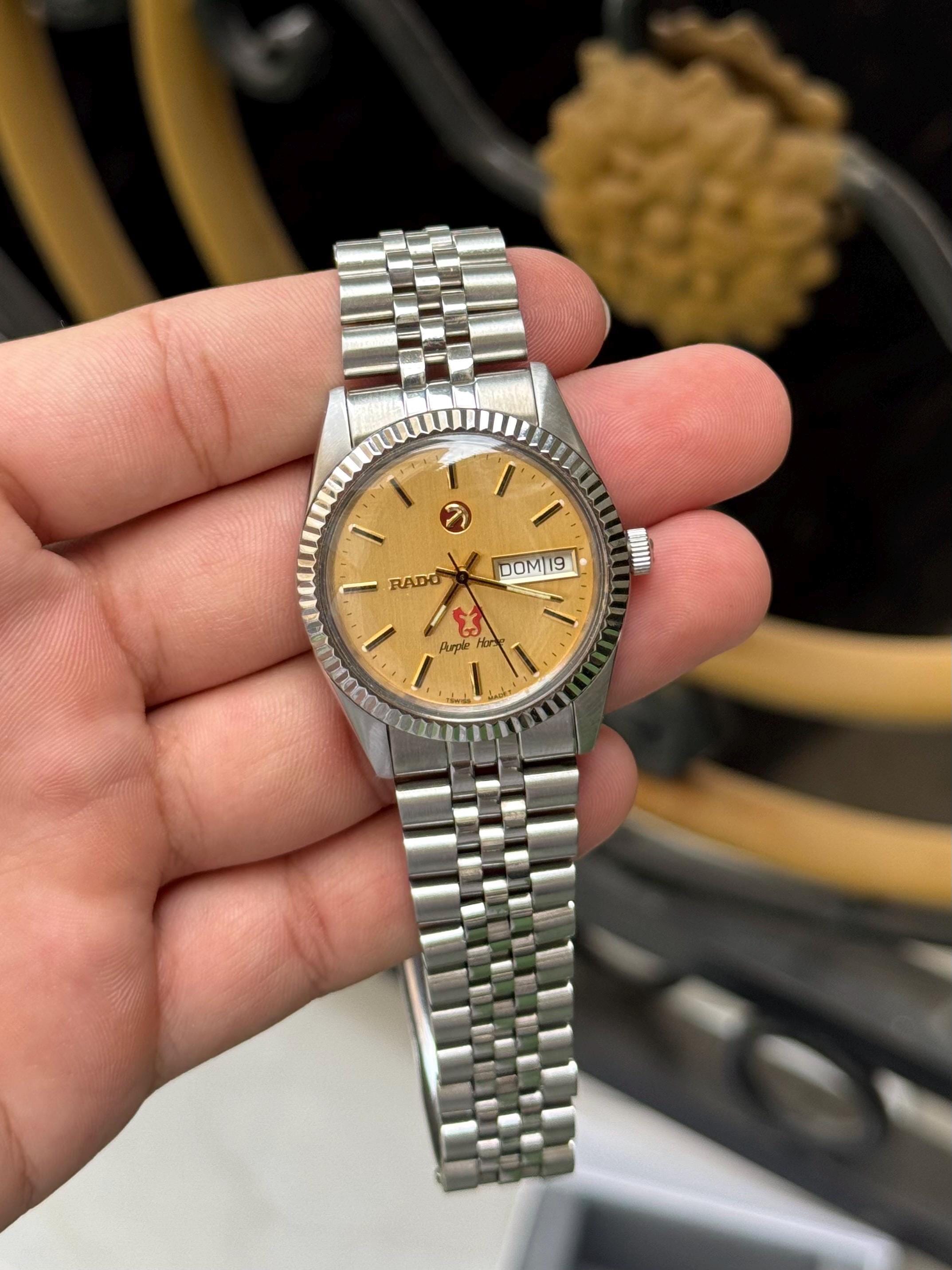 Vintage Rado Purple Horse Automatic Watch: Golden Dial, 25 Jewels