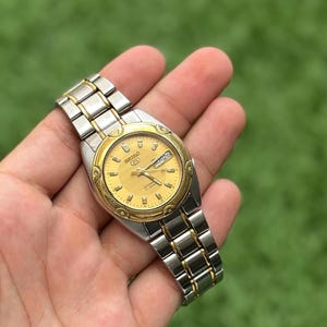 Vintage Seiko Two-Tone Automatic Watch | Golden Dial Men’s Wristwatch | Day-Date Classic Timepiece 17 jewls - watch-golden bazel watch