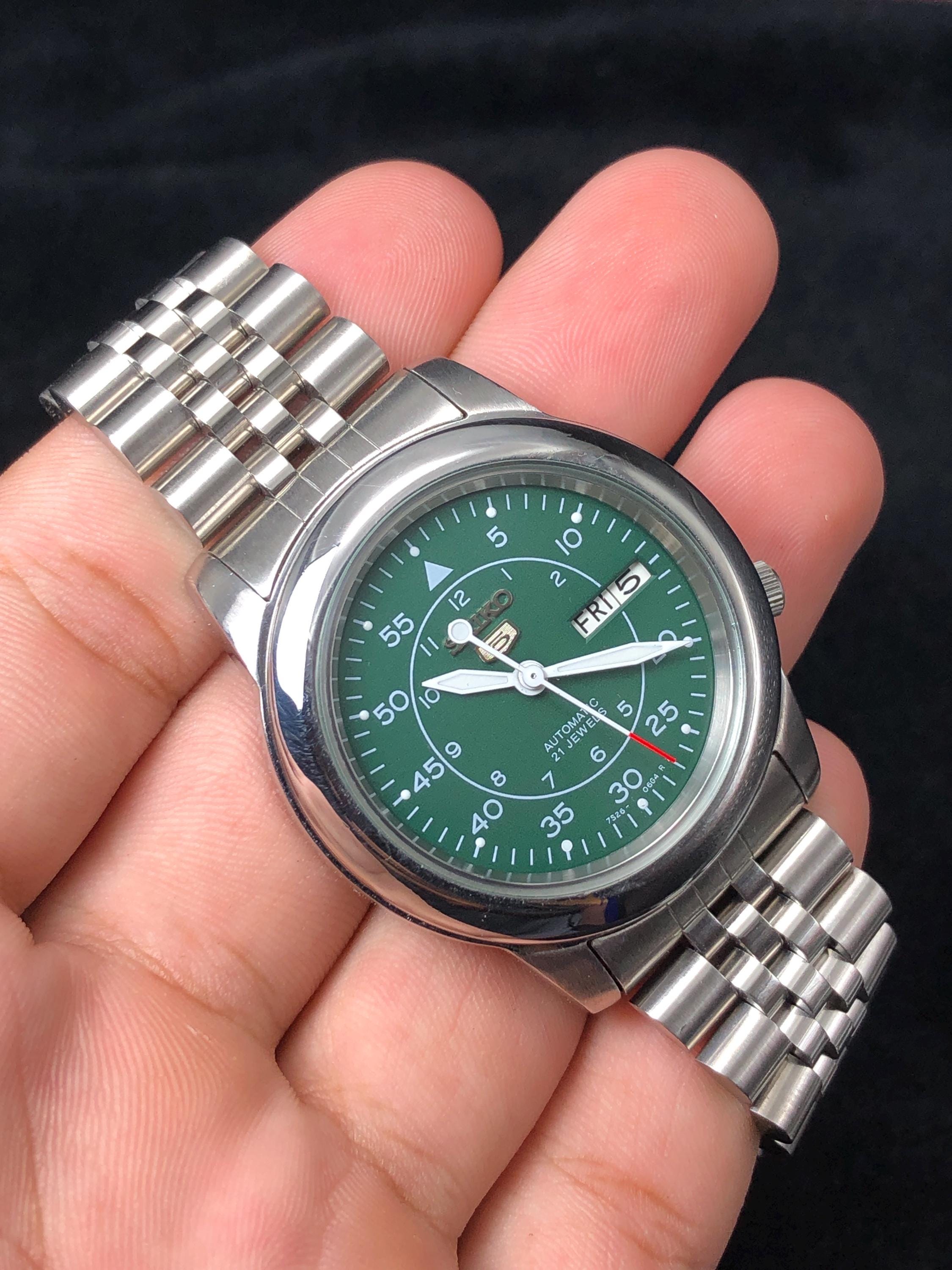 Vintage Seiko 5 Automatic Watch: Green Military Dial, Japan Made