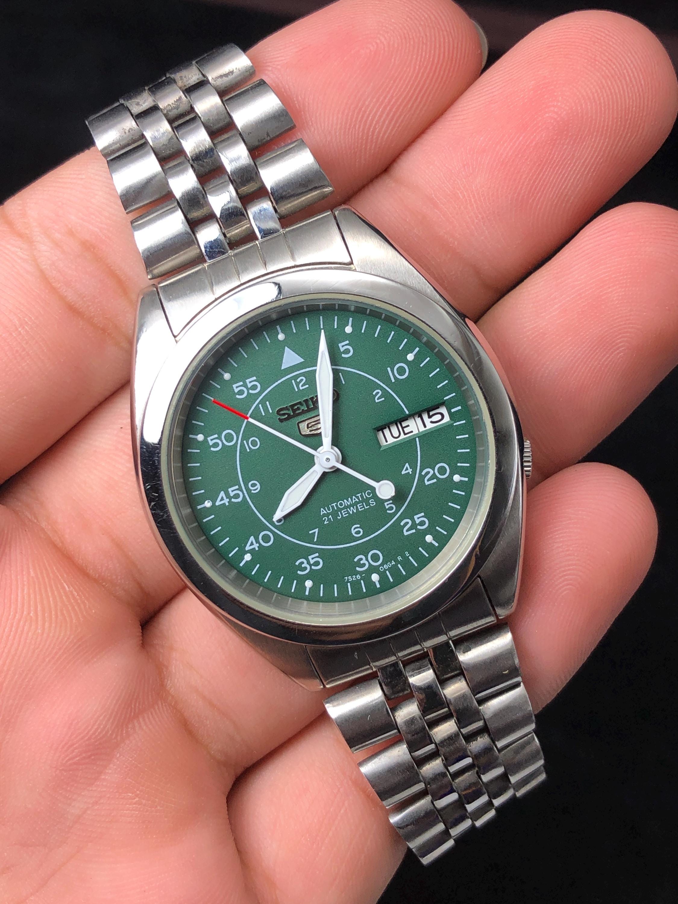 Vintage Seiko 5 Automatic Watch: Green Military Dial, Japan Made