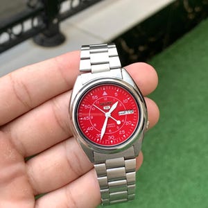 Vintage Seiko 5 Automatic Watch: Red Military Dial, Japan Made