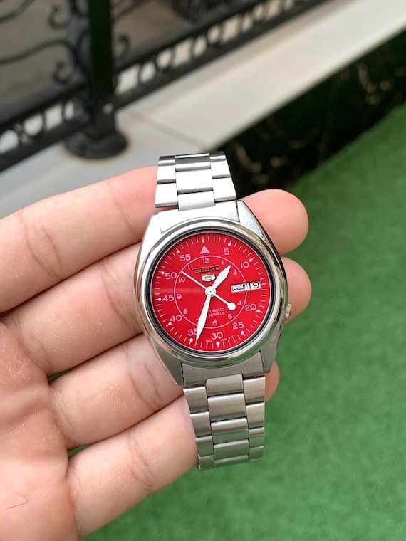 Vintage Seiko 5 Automatic Watch: Red Military Dial, Japan Made