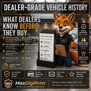 以下が含まれることがあります： MaxDigiPrintの車両履歴レポートのプロモーション画像。虫眼鏡とクリップボードを持ったキツネのキャラクターが描かれています。画像には「DEALER-GRADE VEHICLE HISTORY」「WHAT DEALERS KNOW BEFORE THEY BUY」などのテキストと、車両履歴レポートのサンプルが含まれています。