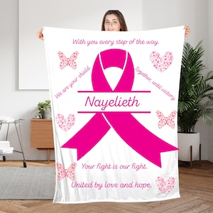 Personalized Pink Ribbon Cancer Support Blanket with Name, Breast Cancer Awareness Gift, Emotional Comfort Throw for Survivor or Fighter
