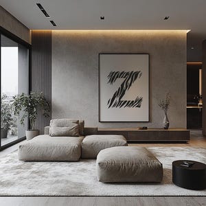 May include: A modern living room with a large, gray sectional sofa, a black coffee table, and a large framed print of the letter "Z" on the wall. The room has a minimalist design with a gray color scheme.