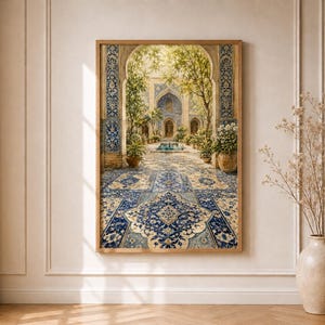 Islamic Courtyard Tile Print, Blue Mediterranean Persian Wall Art