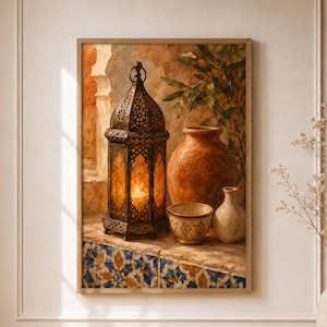 Moroccan Lantern Still Life Art Print, Mediterranean Pottery Wall Decor