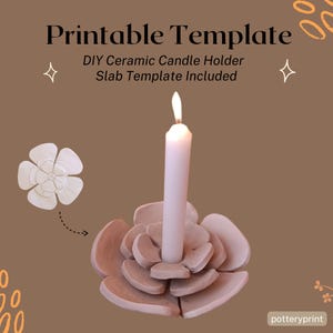 May include: Printable template for a DIY ceramic candle holder. The template is shaped like a flower and includes instructions for creating a candle holder. The image shows a finished candle holder with a lit candle.