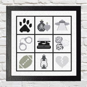 May include: Black and white cross-stitch pattern with nine different symbols, including a paw print, a bottle with a skull and crossbones, a flying saucer, handcuffs, a typewriter, roses, a football, a lantern, and a broken heart.