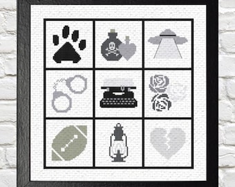May include: Black and white cross-stitch pattern with nine different symbols, including a paw print, a bottle with a skull and crossbones, a flying saucer, handcuffs, a typewriter, roses, a football, a lantern, and a broken heart.