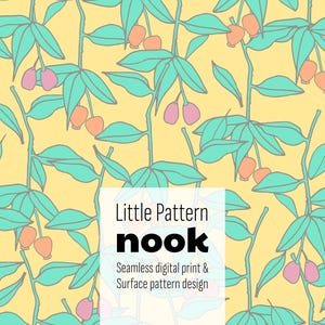May include: Seamless digital print pattern design featuring a repeating botanical motif. The design showcases stylized branches with teal leaves and clusters of pink and orange berries against a yellow background. The text "Little Pattern nook" is included.