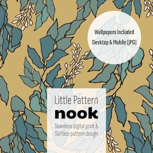 Puede incluir: Diseño de patrón digital con hojas de color verde azulado estilizadas y acentos florales blancos sobre un fondo amarillo mostaza. El diseño incluye el texto "Little Pattern nook" y "Wallpapers Included Desktop & Mobile (JPG)".