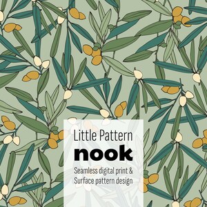 May include: Digital print design showing olive branches with green leaves and yellow olives on a pale green backdrop. The text "Little Pattern nook" is displayed in a white rectangle.