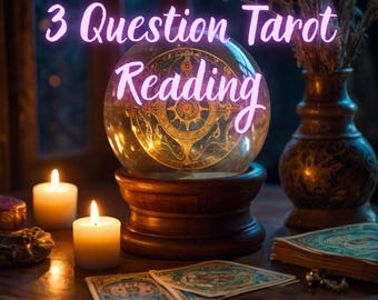 May include: A mystical scene featuring a glowing crystal ball with the text "3 Question Tarot Reading". Two lit candles, tarot cards, and a decorative vase are on a wooden table, creating an ambiance of divination and fortune-telling.