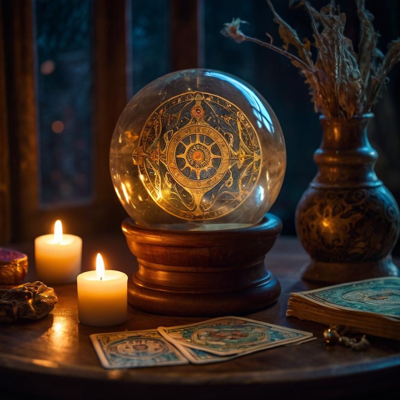 Pode incluir: Um orbe de vidro com um design de b&uacute;ssola dourado e azul fica em uma base de madeira. Duas velas acesas e um monte de cartas de tar&ocirc; est&atilde;o em uma mesa de madeira.