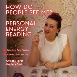 May include: A person holding a tarot card with the text HOW DO PEOPLE SEE ME? PERSONAL ENERGY READING, Same Hour Tarot Reading, Honest Psychic Reading, Ancient Tarot, Medium Dudu. The person wears a white top and green earrings.