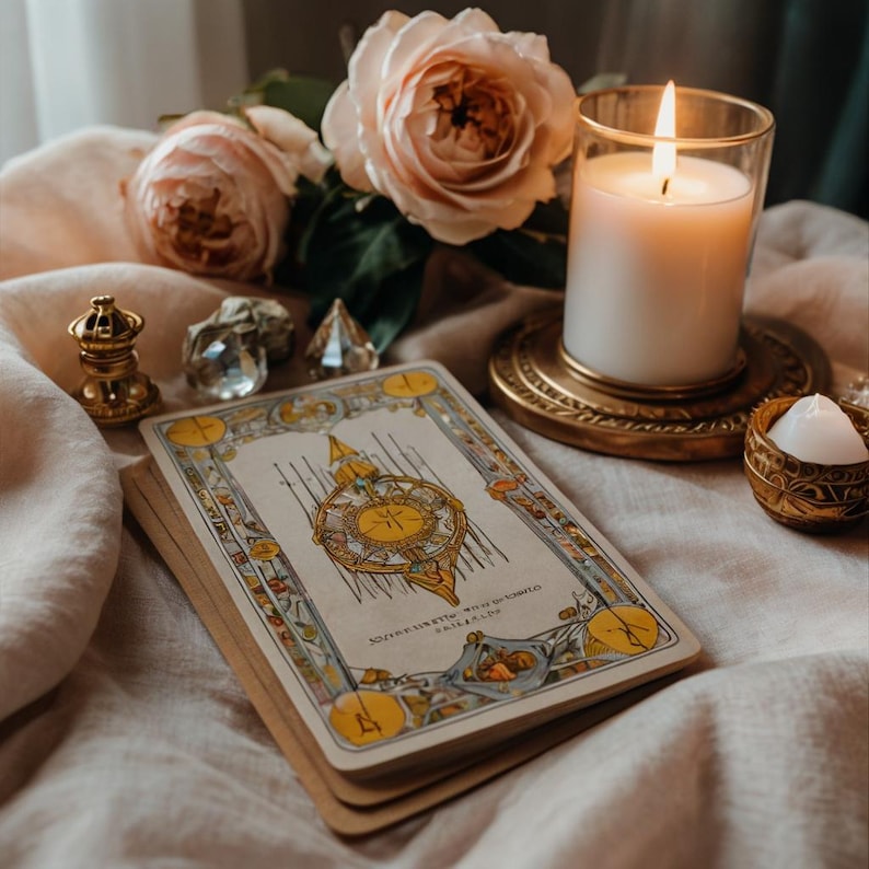 Pode incluir: Um cart&atilde;o de tar&ocirc; com um design de b&uacute;ssola e o texto "SOLSTICE, SPRING, & SUMMER" &eacute; exibido em uma mesa com uma vela acesa, um pequeno prato decorativo e um buqu&ecirc; de rosas cor-de-rosa.