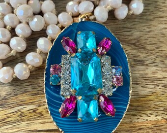 Blue agate rhinestone necklace