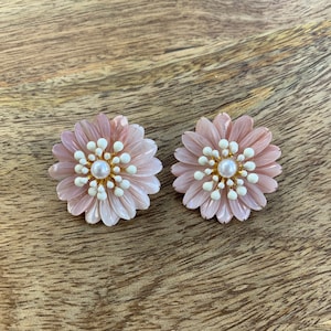 Pink Mother of Pearl Chrysanthemum flower earrings