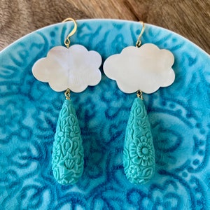 Aqua Mother of Pearl rain drop earrings image 1