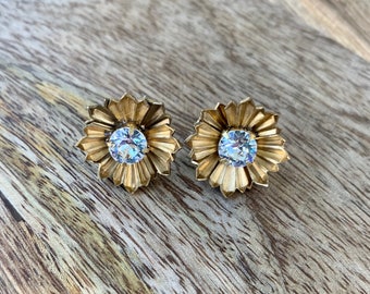 Art Deco Crystal brass flower studs