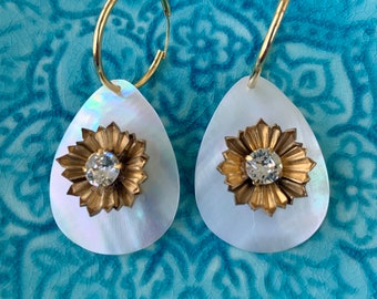 Mother of Pearl and brass flower hoop earrings