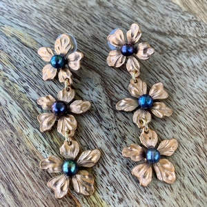 Brass flower and black pearl earrings image 1