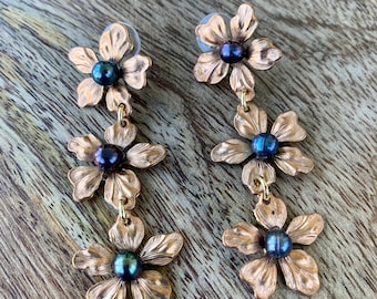 Brass flower and black pearl earrings