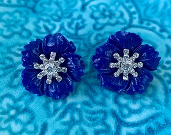 Blue flower and crystal earrings