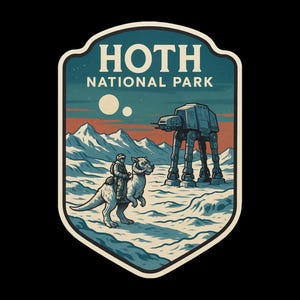 May include: A retro-style patch design with the words "HOTH NATIONAL PARK." The image shows a snowy scene with a person riding a creature, an AT-AT walker, mountains, and two moons set against a blue and orange sky.