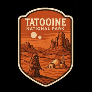 May include: A vintage-style patch design with the words "Tatooine National Park." The illustration shows a desert scene with a Jawa character, two suns, and rock formations. The colour scheme includes shades of orange, brown, and beige.