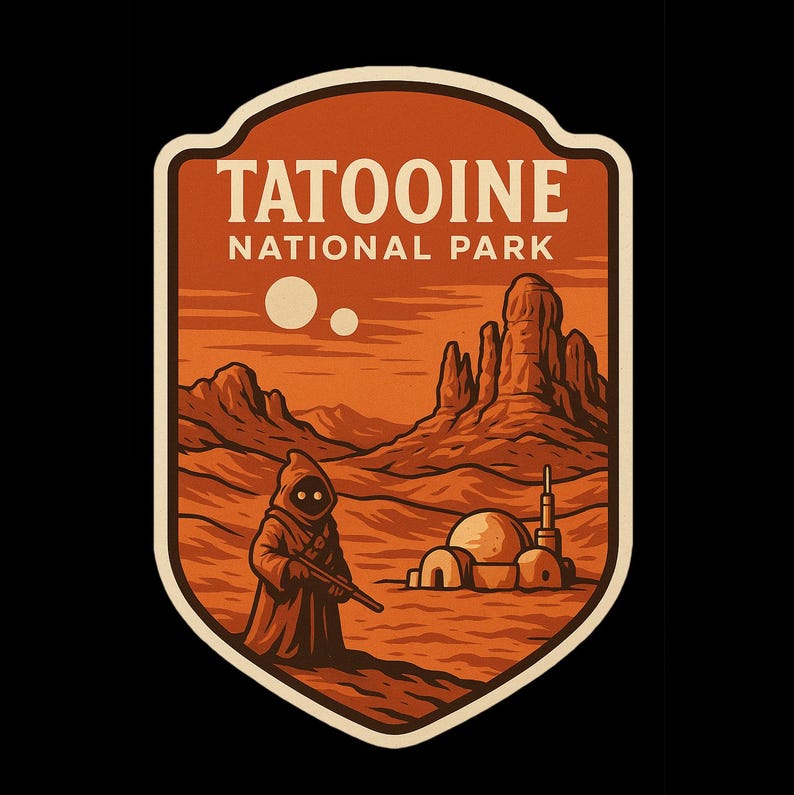 May include: A vintage-style patch design with the words "Tatooine National Park." The illustration shows a desert scene with a Jawa character, two suns, and rock formations. The colour scheme includes shades of orange, brown, and beige.