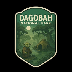 May include: A green and beige Dagobah National Park sticker featuring Yoda with a walking stick, standing in front of a swampy landscape with a full moon. The sticker has a vintage, illustrated style.