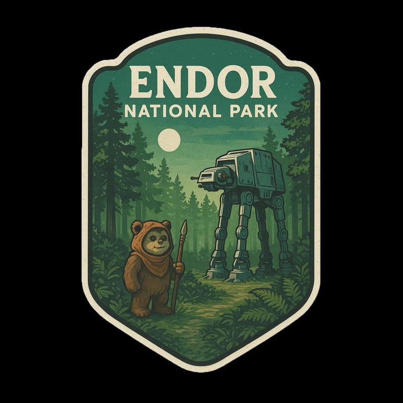 May include: A retro Endor National Park badge depicting a forest scene with an AT-AT walker and an Ewok holding a spear. The badge is green and cream with the words "ENDOR NATIONAL PARK" in white.