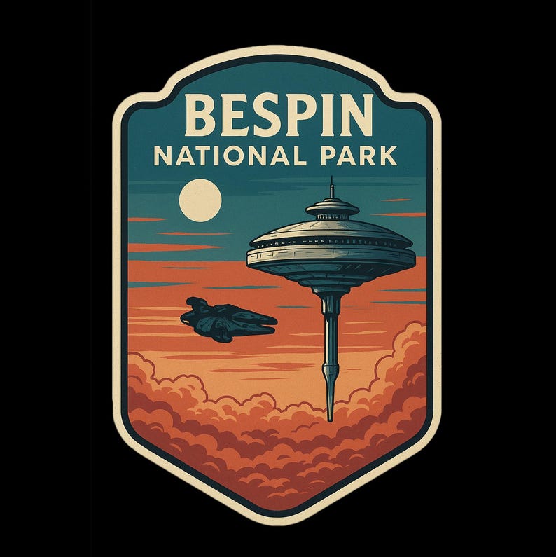 May include: A retro-style graphic with the words "BESPIN NATIONAL PARK" above a futuristic cityscape. The image shows a large, circular structure and a flying vehicle against a sunset backdrop with clouds and a full moon.
