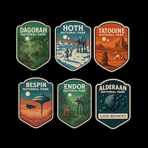 May include: A collection of six vintage-style National Park badges, each depicting a scene from the Star Wars saga. The badges represent planets such as Dagobah, Hoth, Tatooine, Bespin, Endor, and Alderaan, with the last one labelled "Closed Indefinitely."