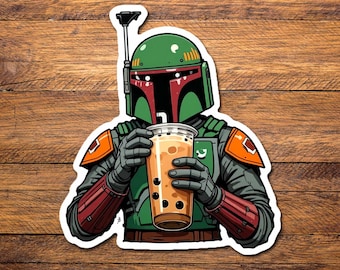 Boba Fett Boba Tea Sticker - Water Resistant Bounty Hunter Decal